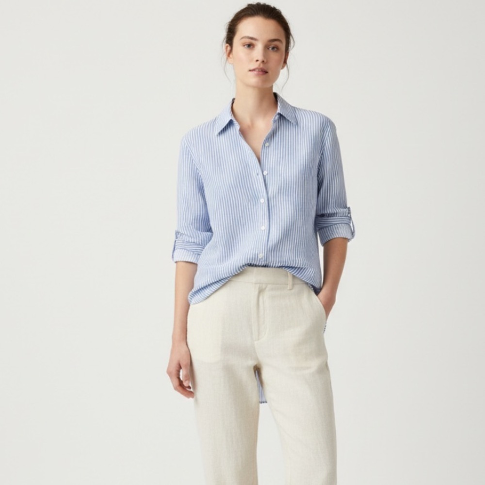 Grand & Greene blue stripe button down embellished collar top